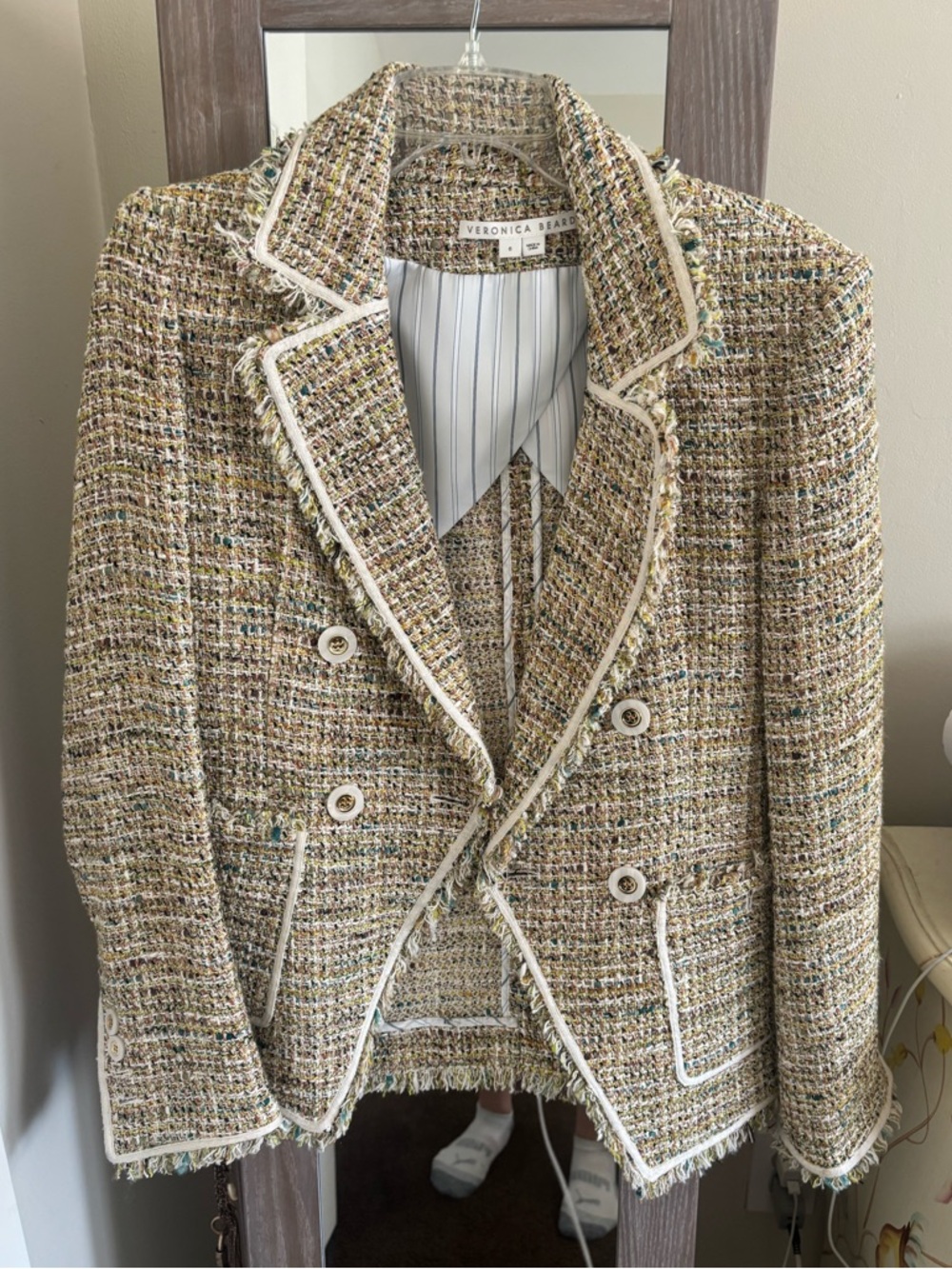 Veronica Beard Multi-Tone Tweed Double-Breasted Blazer with Cream Trim